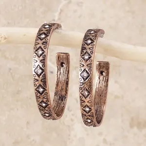 Copper Tone Aztec Print Rhinestone Hoop Earrings