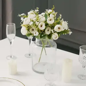 4 Pack Artificial Ivory Mini Ranunculus Silk Flower Arrangements, Faux Buttercup Floral Bouquets 12"