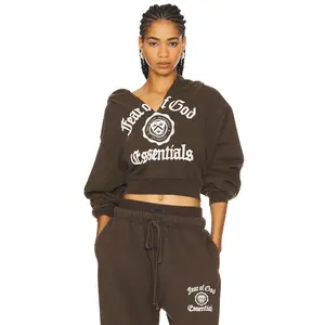 Fear of God ESSENTIALS Cropped V-Neck Hoodie in Brown