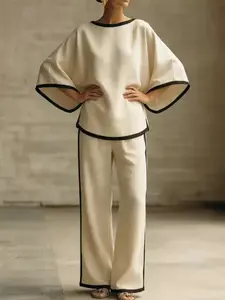 Elegant Round Neck Loose Batwing Sleeve Plain Cotton Linen Two-Piece Set, Comfortable Casual Top and Long Pants for Everyday Wear