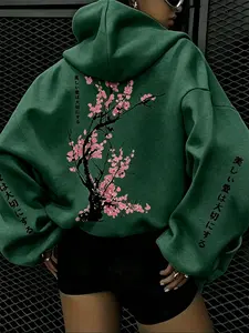 American Style Cherry Blossom Print Hoodie, Japanese Text Back Design, Loose Fit, Multiple Colors, Casual Fashion