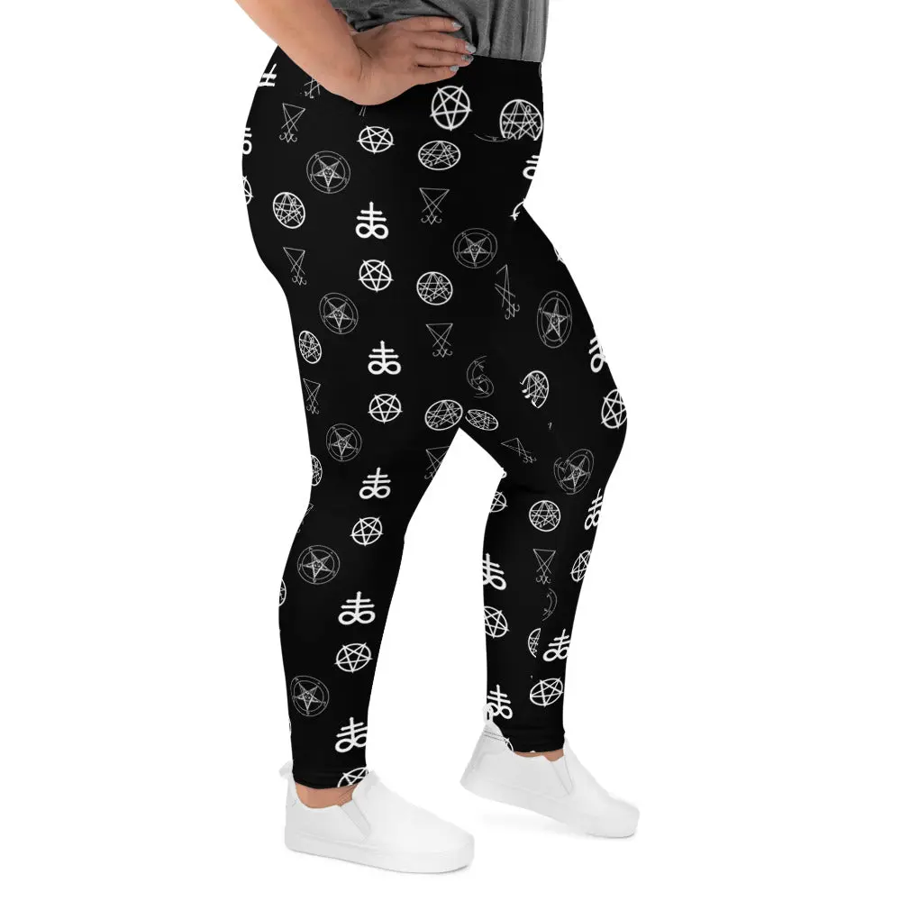 Plus Size Occult Symbol Gothic Leggings – Demonology Witchcraft Alt Pants Stretchy Gift