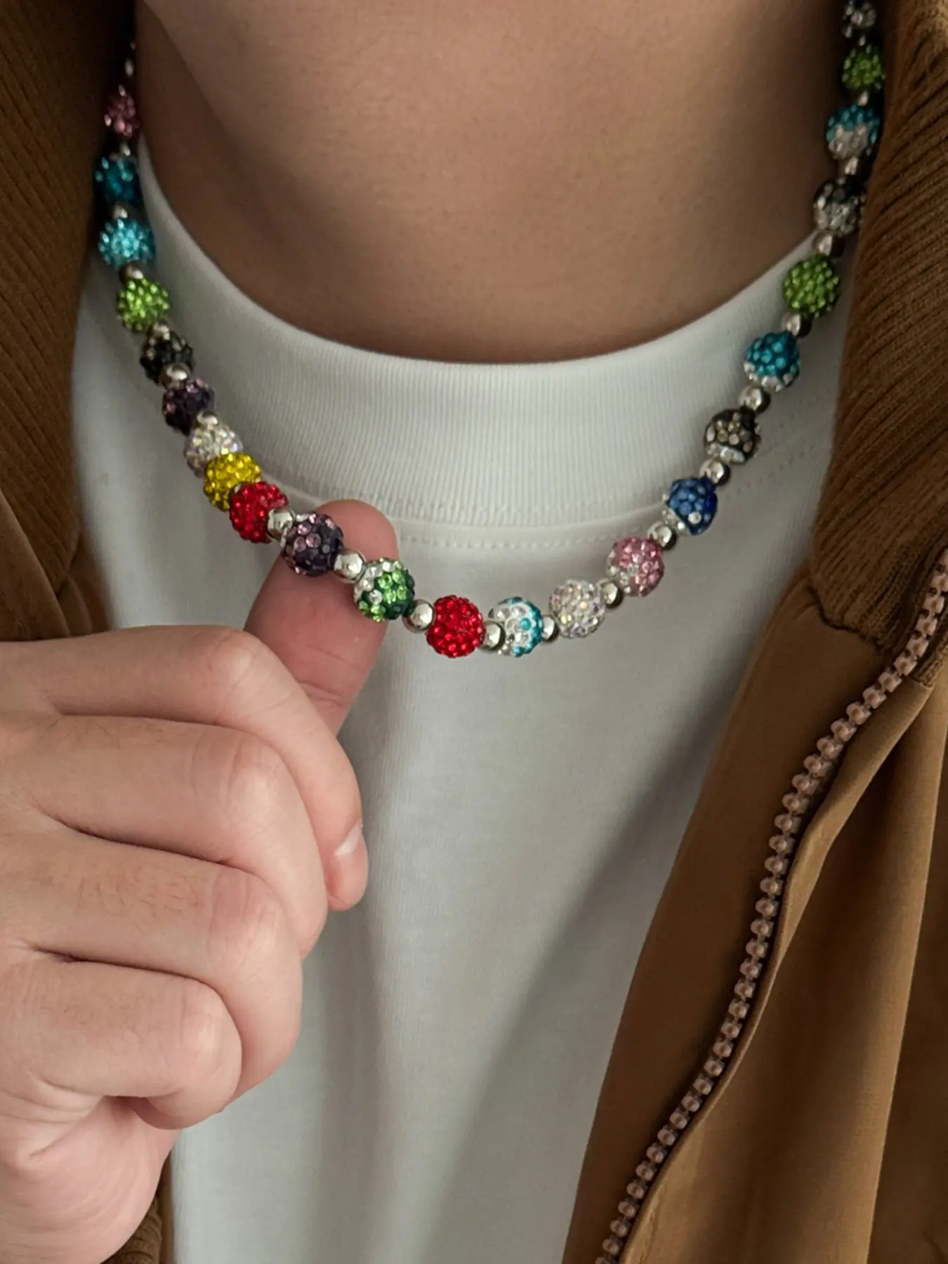 Men's Rainbow Rhinestone Beaded Necklace, Y2K Style Streetwear Accessory, Trendy Spring Summer Jewelry, Unique Fashion Pendant, Decorative Beaded Necklaces