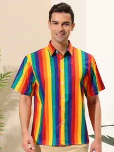 INSPIRE CHIC Men's Summer Rainbow Stripe Print Shirt Short Sleeve Button Down Shirts