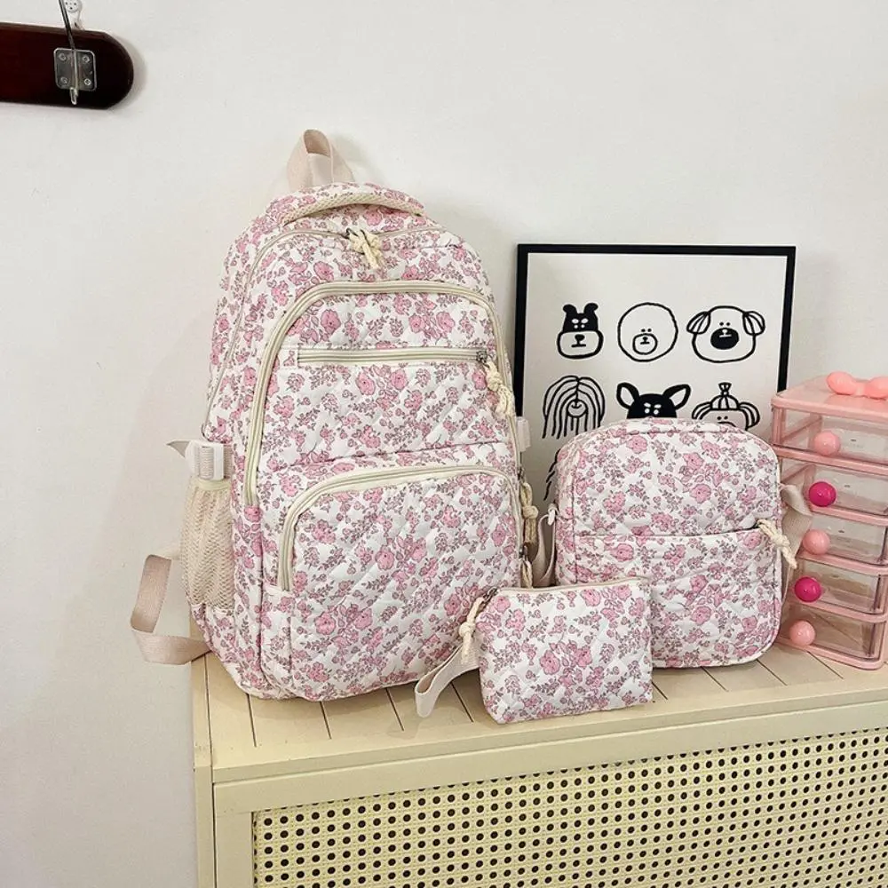 3Pcs Women Girls Pink Floral Quilted Backpack Set, Large Capacity Multi-Layer Lightweight Casual Daypack, Complete Combo Includes Handheld Lunch Tote Bag & Wrist Strap Pencil Pouch for School Travel Daily Outdoor Use