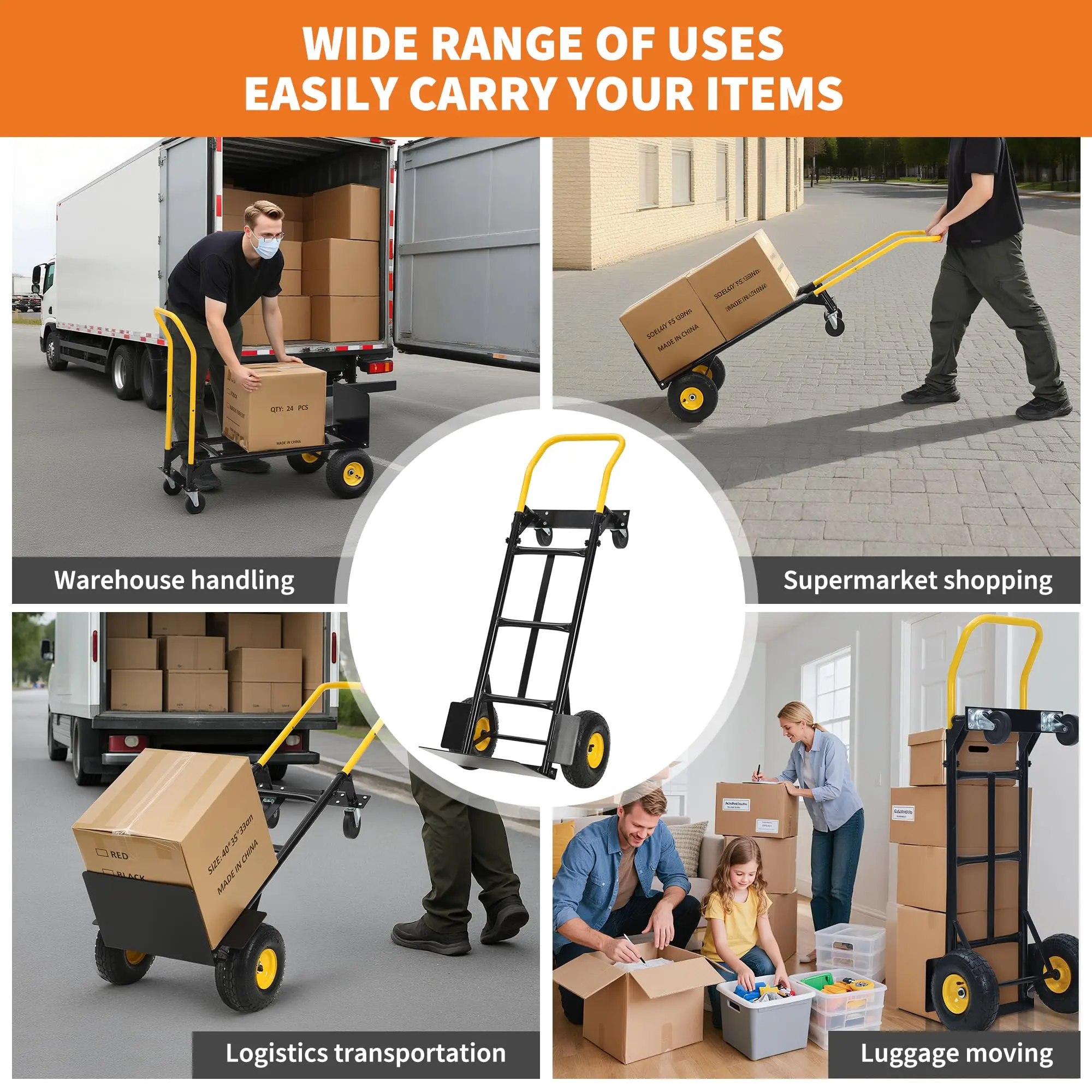 2-in-1 Convertible Hand Truck & Folding Dolly Cart – 4 Non-Flat Wheels – Heavy Duty 400/800 Lb Capacity – Perfect for Moving, Warehouse, Office, Industrial Use