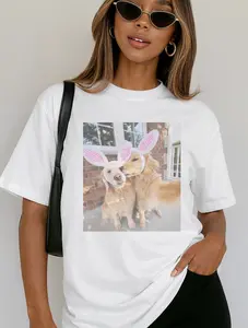 Vintage Easter Tees Dog Bunny Ears Tshirt Easter Rabbit Dogs T-Shirt Spring Easter Tops Womenswear Casual Crewneck Top