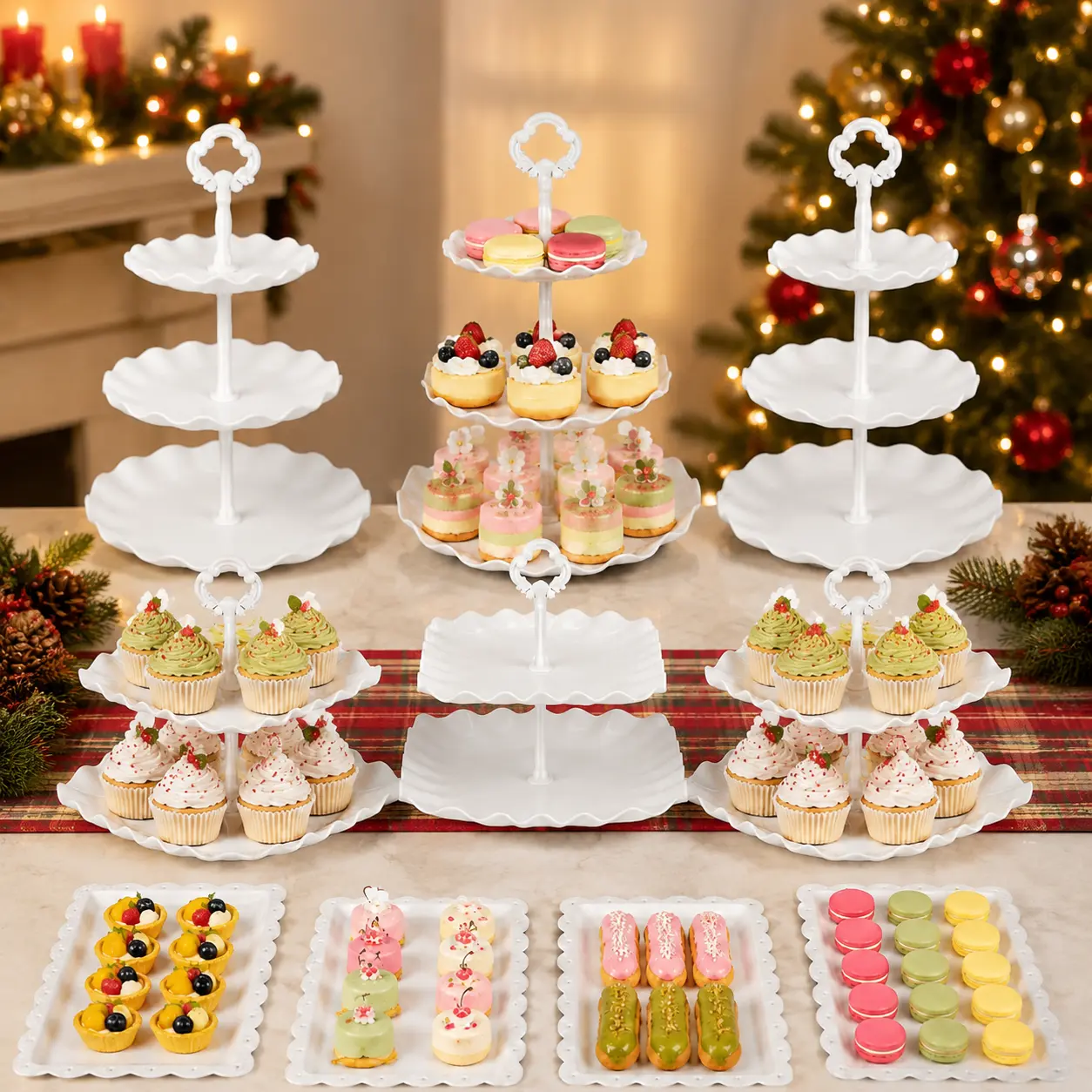 11PCS White Cake Stand Set, 2 Tier & 3 Tier Cupcake Stands with Dessert Trays and Tablecloth for Birthday Party, Wedding, Bridal Shower & Baby Shower Decor