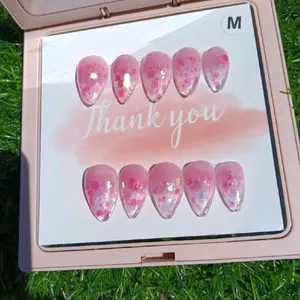 Almond Nails - Pink Glittery Finish with "Thank You" Text, Includes 12 Nails in Pink Color