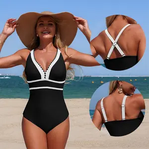 One Piece Swimsuit: Plunging V Neck Sculpting Bathing Suit with Adjustable Lace-Up SpringStatements, Full Coverage Flattering Women Onepiece Swimdress