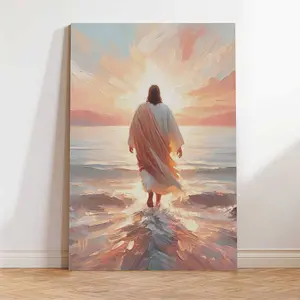 Jesus Wall Art Poster Peaceful Sunset Jesus Art Canvas - Stunning "Walking on Water" Oil Painting Style Print, Minimalist Christian Wall Decor