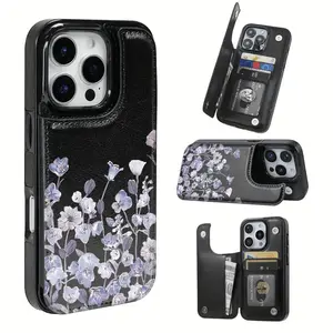 Beautiful Purple Flower Element Pattern Leather Card Holder Phone Case, Suitable for iPhone 17 Air/16 Plus/15 Pro Max/14 Pro/13/12/11/XS Max/X Phone Case, Perfect Gift for Thanksgiving and Christmas for Family, Friends, Lovers, Boyfriend, Girlfriend