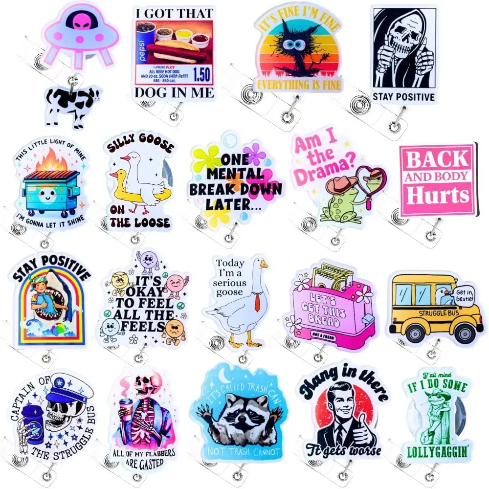 20-Pack Retractable Badge Reels, Funny, Sarcastic & Animal Shaped ID Clip Holders for Nurses, Teachers, Office Workers & Healthcare Gifts, Animal Shaped Badges