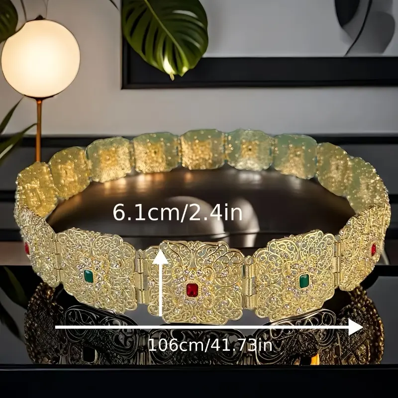 Bohemian Adjustable Metal Waist Chain Belt - Vintage Golden Coin, Sparkling Rhinestones, Intricate Hollow-Out Floral Carve Design, Festive Wear, Ideal for Weddings, Parties, Metal Panel, Festive Events