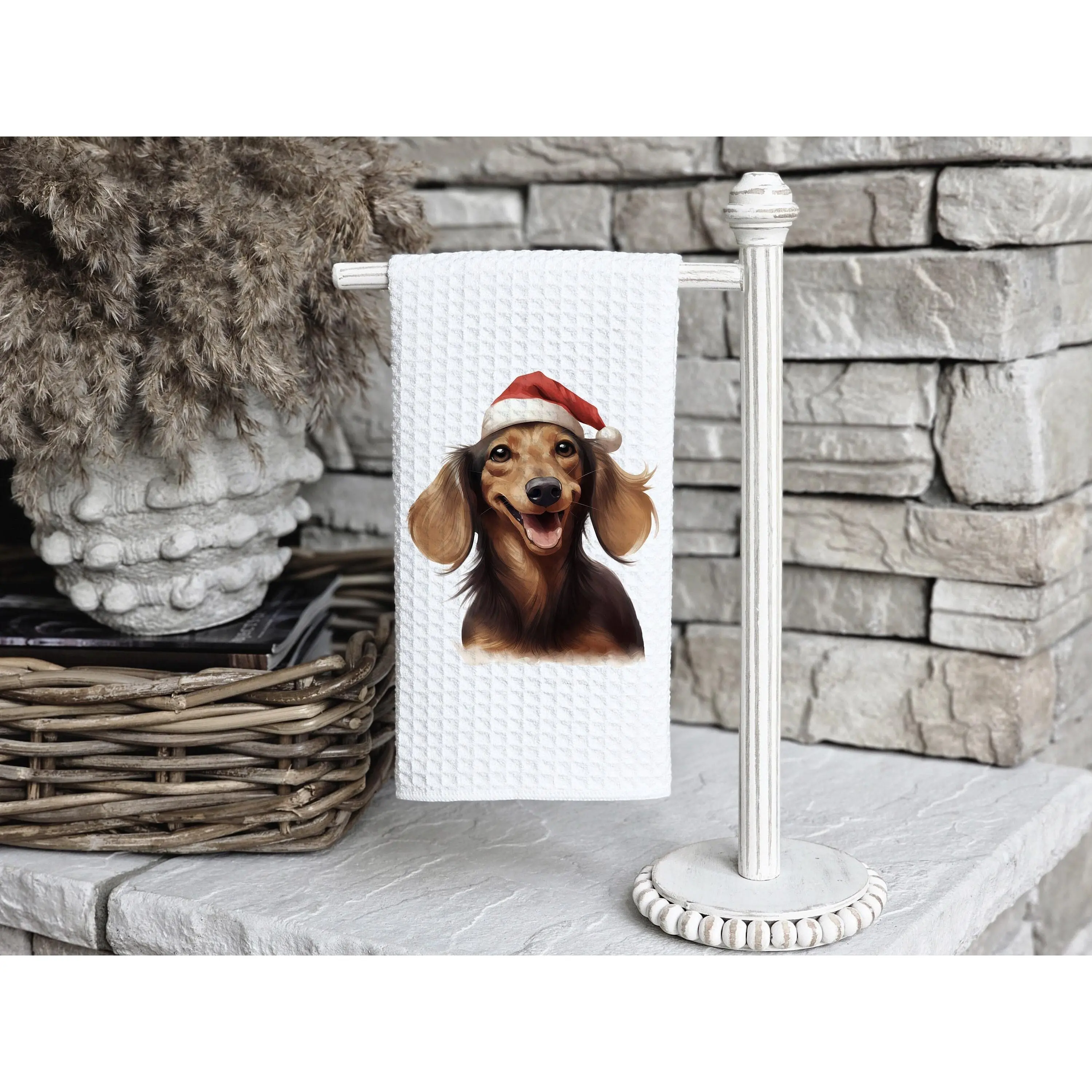 Brown Dachshund Santa Hat Tea Towel kitchen towel