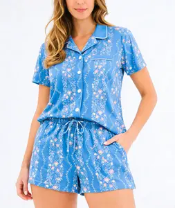 Women's Annie 2-Piece Shortsleeve Button-Down Pajama Set, Elegant Ivy Lane Blue Floral Matching, Soft Casual Machine-Washable Summer Loungewear, Mother Gifts