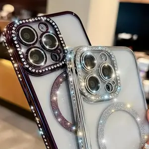Magnetic Glitter Case For IPhone11 12 13 14 15 Pro Max [Pay For Magnetic Wireless Charging], Cute Glitter Phone Case With Sparkle Diamond Camera Protection Cover For Women/Girl