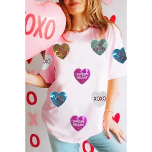 Pink Sequin Valentines Lettering Heart Patched Crewneck T Shirt