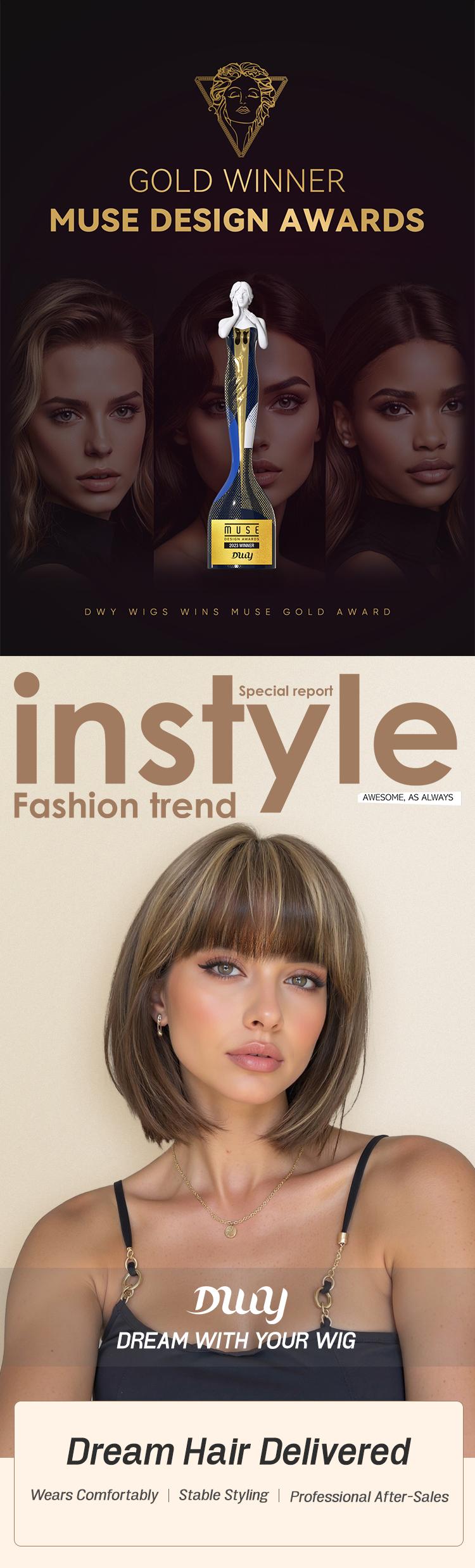 Jean plus H-DWY【Gen 2 Large Realistic Scalp】Short Straight Brown with Blonde Highlights Glueless Synthetic Wig with Bangs for Women 12 Inches Premium Quality