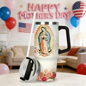 Sanctum Home 40oz Flip-Down Covered Straw Tumbler with Handle | 100% Leakproof Insulated Tumbler | Virgin of Guadalupe 304  Water Bottle  | Cup Holder Friendly Base| Catholic Religious Gift for Confirmation First Communion| Mother's Day Gift