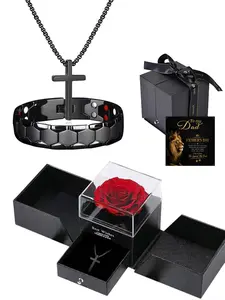 Father's Day Gift: Men's Black Titanium Steel Cross Necklace & Bracelet Set in Eternal Flower Gift Box - Surprise for Dad. Jewellery Gift Set, Premium Vintage Men's Accessories, Unisex, Perfect for Father's Day, Christmas, Valentine's Day & Daily Wear