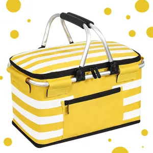 Insulated Picnic Basket,Leak-Proof Collapsible Cooler Bag,26L Grocery Basket with Lid,2 Sturdy Handles,Storage Basket for Picnic,Food Delivery,Take Outs,Market Shopping,Travel (Yellow)
