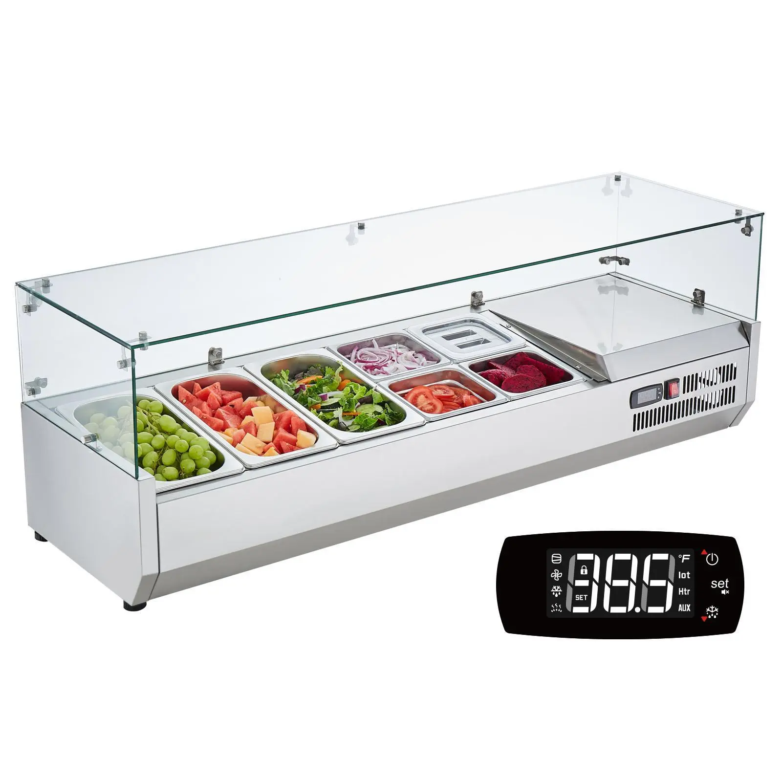 VEVOR Sturdy Countertop Refrigerated Condiment Prep Station, 140W Cooling Food Storage Fridge, 3x1/3 & 4x1/6 Pans, 304 Stainless Steel Body, PC Lid, Glass Guard, ETL Certified, Leak Proof Lids, Kitchen Utensils Compatible for Sandwich Prep, Flexible, Digi