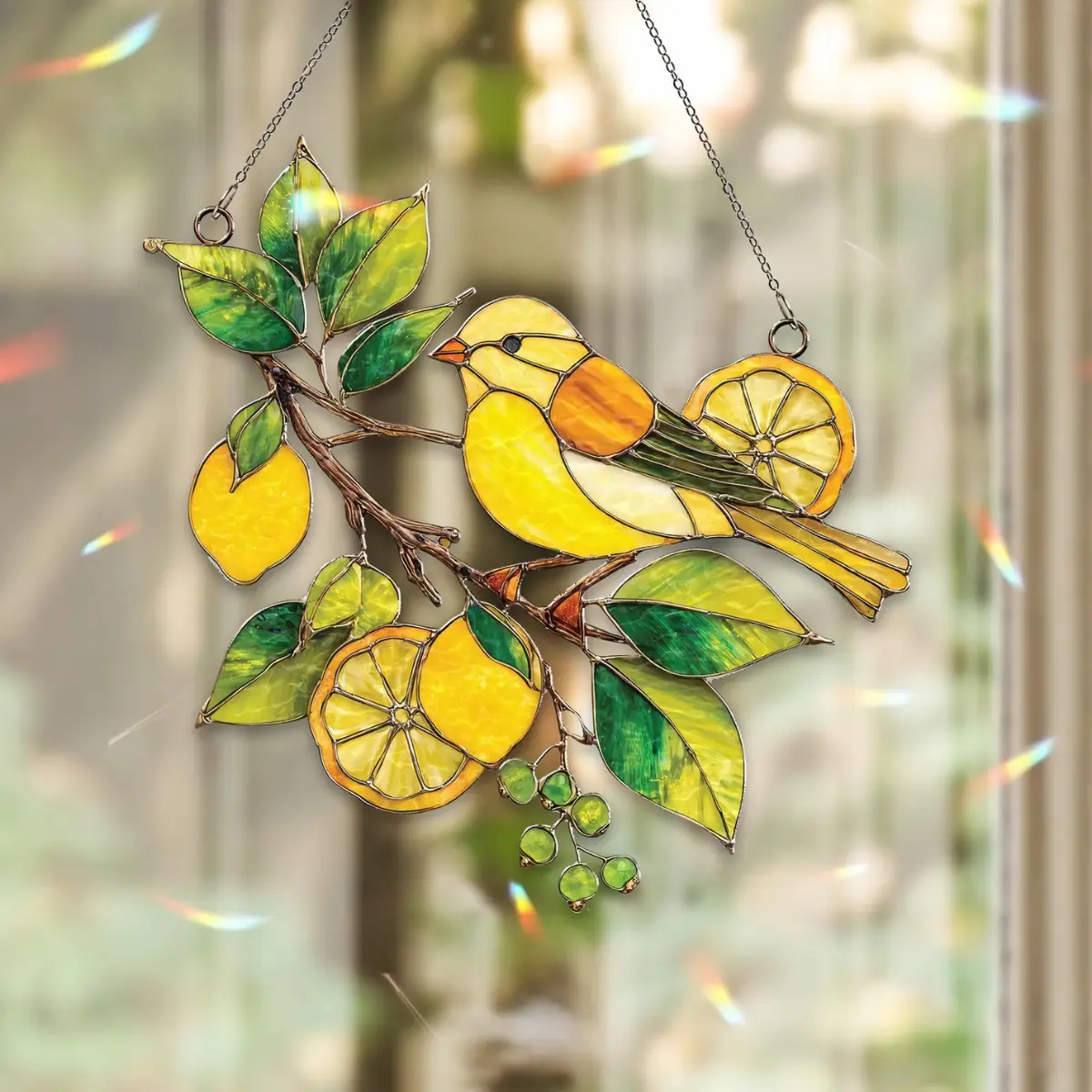 Faux Stained Glass Yellow Bird Suncatcher on Lemon Branch, Bright & Multi-Chromatic Hanging Decor, Lemon Tree Window Ornament, Citrus Kitchen Home Decor, Bright Hanging Decor
