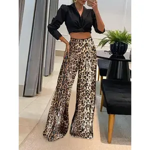 Women’s leopard print wide-leg pants with contrast sequins, casual comfortable trousers for everyday wear, ladies’ bottoms for fall and winter