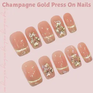 【Lucy UU】Champagne Gold Press On Nails Nude Glossy Design Short Reusable Handmade False Nails