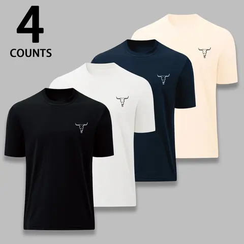 Men's 4-Piece Round Neck Short-Sleeve T-Shirt Set, Simple Printed Casual Clothes, Breathable Basic Tops, Suitable for Daily Wear & Sports, Black