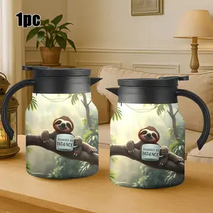 1pc 34oz with lid water bottle - Black - Monkey Forest pattern and "POWERED BY PATIENCE" text - Household and office drinking cup