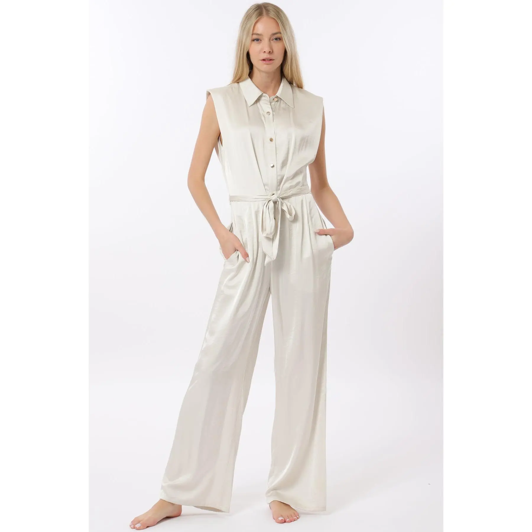 Ivory Shoulder Pad Button-Down Jumpsuit