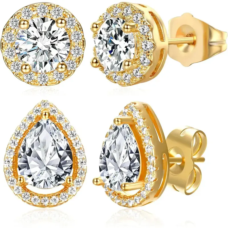 MDFUN Halo Stud Earrings for Women, 18K Golden Plated Cubic Zirconia Earrings, Round/Square/Heart/Teardrop CZ Earrings Set, Sparkling Elegant Jewelry Gift