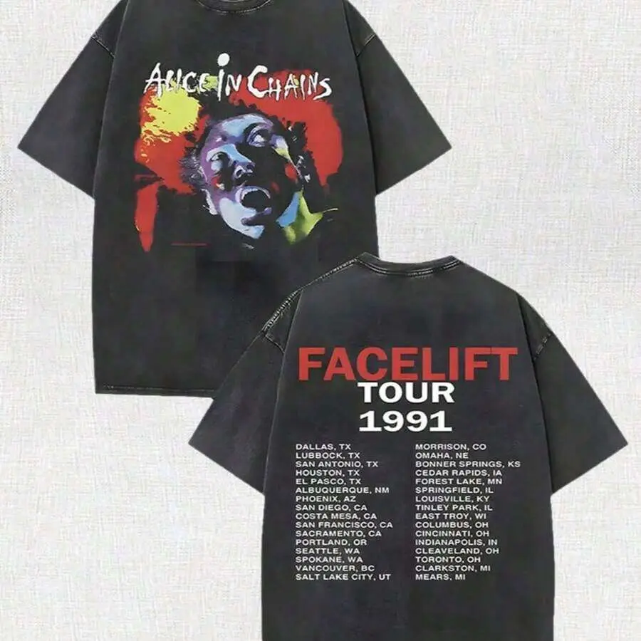 Retro Washed Black Oversized T-Shirt, Alice In Chains Facelift Tour 1991 Graphic Print, Casual Short Sleeve, Unisex Streetwear for Men & Women, Loose Fit for Outdoor & Daily Wear