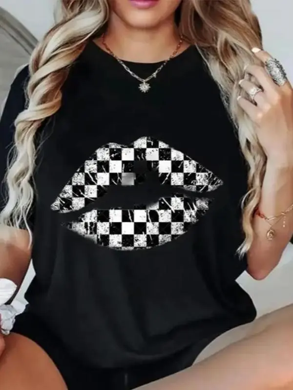 Womens Cotton Short Sleeve Graphic Tee Black And White Checkered Lips Print Casual Summer Top Crew Neck Soft Breathable Streetwear Outfit
