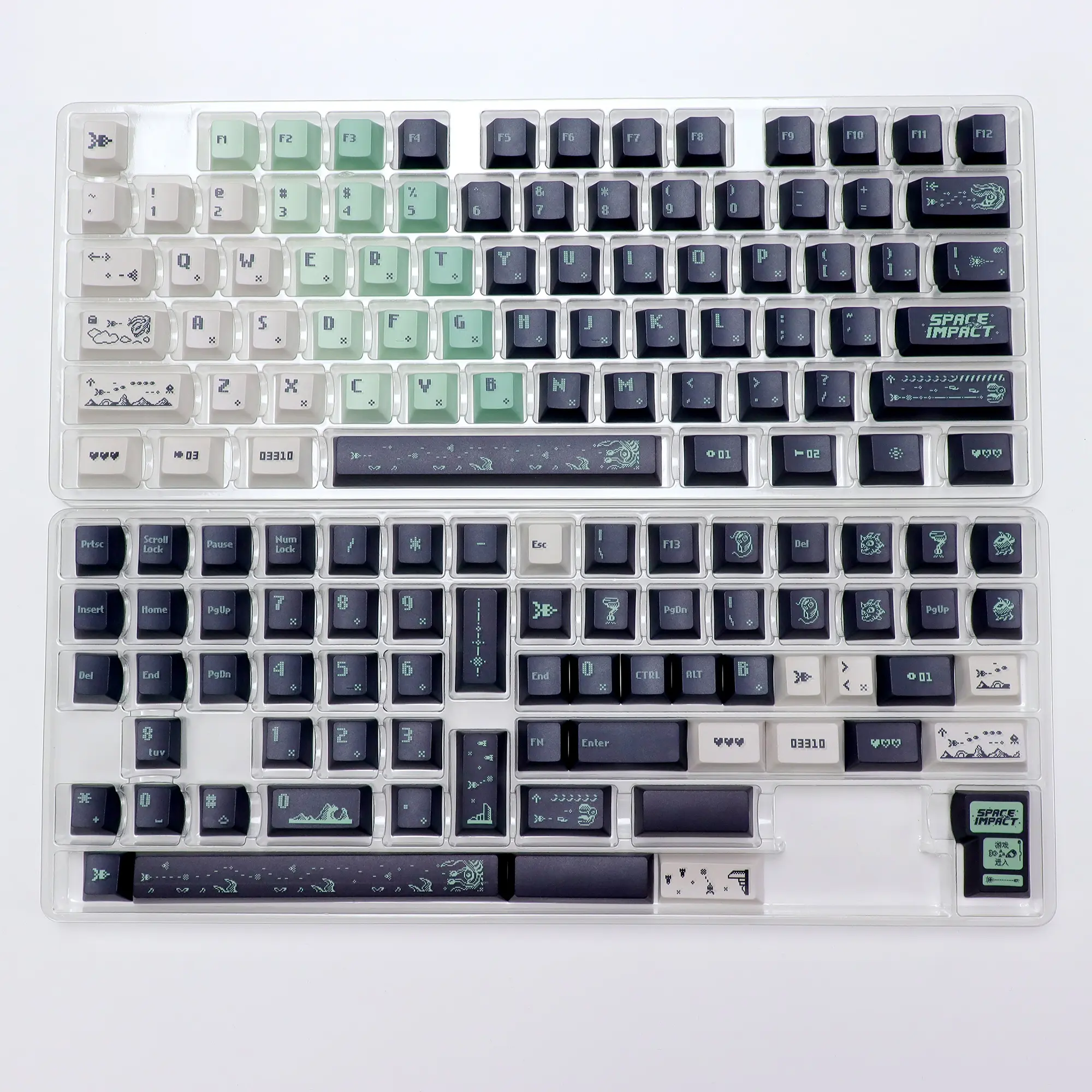 (ONLY KEYCAPS)1KBDiy Space War Pixel Keycap Set 142 Keys Five-Sided Dye-Sublimation Keycaps,Cherry Profile PBT Green Custom Keyboard Keycap for 61/64/68/84/87/100/104/108 Mechanical Keyboard