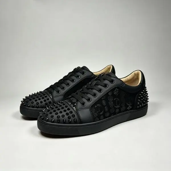 Black Printed Studded Casual Sneakers for Men, Lace Up Low Top Street Fashion Shoes