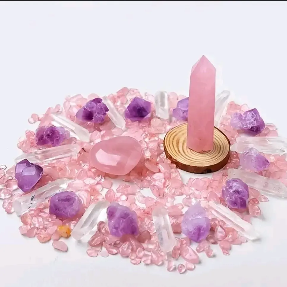 natural stone crystal grid rose quartz to attract love.