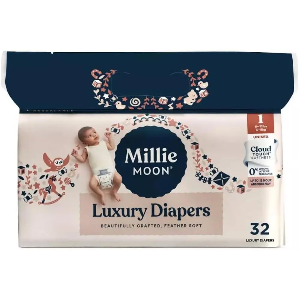 Millie Moon Luxury Diaper, Size 1, 32-Count, Cloud Touch Softness, 12-Hour Absorbency, Unisex Baby Diapering Product