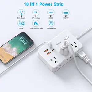 Ultra Thin Flat Plug Extension Cord, 5ft Surge Protector Multifunctional Power Strip With6 Widely Outlets  4 USB Ports(2 USB C), 1080J,Wall Mount, Desk Charging Station For Office, School, Travel And Dorm Room Essentials(White)