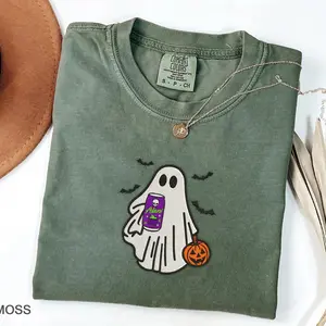 Embroidered Spooky Alani Ghost Halloween Sweatshirt, Cute Ghost With Energy Drink Fall Tee, Spooky Season Ghost embroidy Sweatshirt