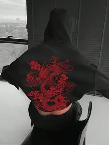 Men's Dragon Print Drop Shoulder Lounge Hoodie, Fashion Casual Regular Fit Drawstring Pocket Lounge Hooded Sweatshirt, Men Loungwear for Fall & Winter