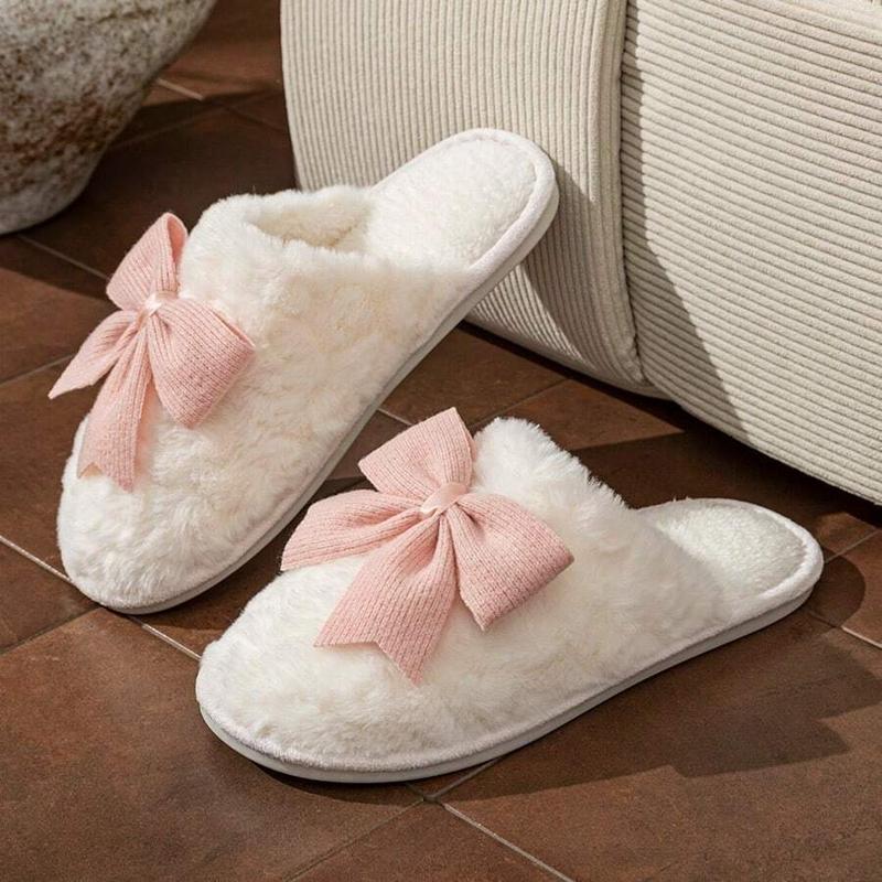 Women's Cute Bow Knot Slippers, Fall & Winter Cartoon Thick Sole Comfortable Cotton Shoes, Sweet Style Home Wear, Plush Upper Material, Slippers Indoor