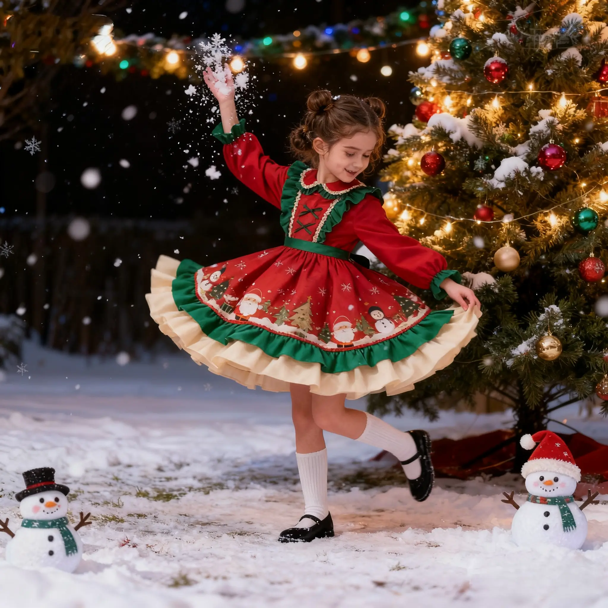 Girls' Retro Long Sleeve Christmas Dress - Skin-Friendly, Casual Fit & Flare Knee-Length Outfit with Cartoon Snowman Print for Festive Parties, Loose Fit Vintage Girly Clothes Clothdresses Fall Dresses Loose Flowy Dress
