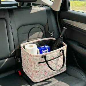 Car Interior Basket with Handle Pocket, Pink Floral Storage Organization for Car Home Clothes Toy Storage Basket, Quilted Mommy Bag