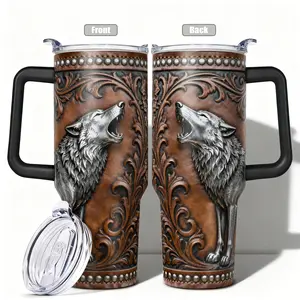 1pc, 40oz/30oz/20oz/14oz Stainless Steel Cup Howling Wolves and Skull Engraved Double Wall Vacuum Insulated Cup, Leakproof Lid & Carry Handle Travel Mug Tumbler for Outdoor Camping Hiking, Gift for Dad,