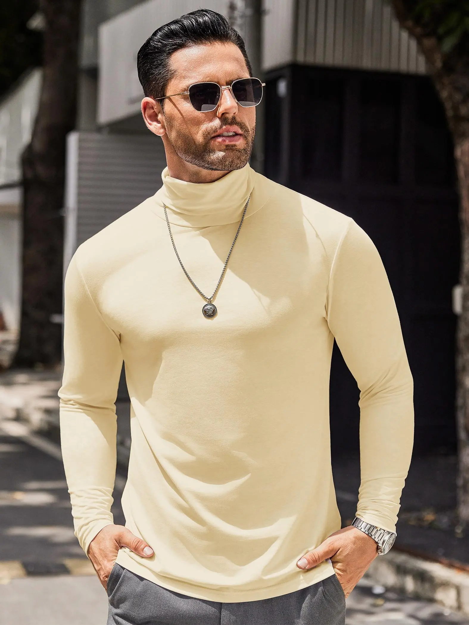 Coofandy Men's Fashion Turtleneck T-Shirt, Classic Slim Fit Long Sleeve Lightweight Thermal Cotton Blend Pullover, Jacket, Suit, Pants, Jeans