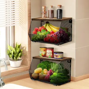 2pack Fruit Basket for Kitchen Wire Basket with Wood Lid,Stackable Kitchen Countertop Organizer,Hanging Wall Fruit Basket for Potato and Onion Storage