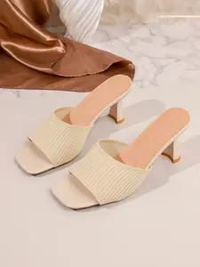 Stretchy Knit Heeled Mules | No Break-in Slip-on Women's Summer Sandals with Flared Block Heel